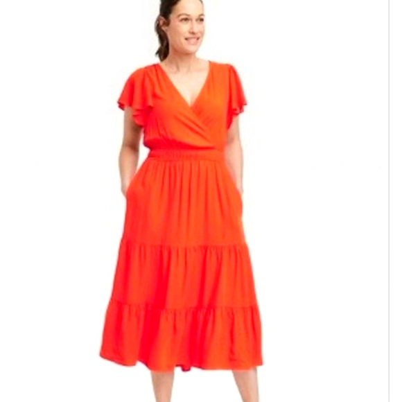 Knox Rose Orange Tiered Rayon Flutter Sleeve Midi Dress Size XSmall - Picture 1 of 7